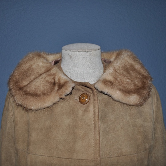 MID CENTURY Fur Collar Leather Car Coat Jacket M/L - Picture 2 of 7